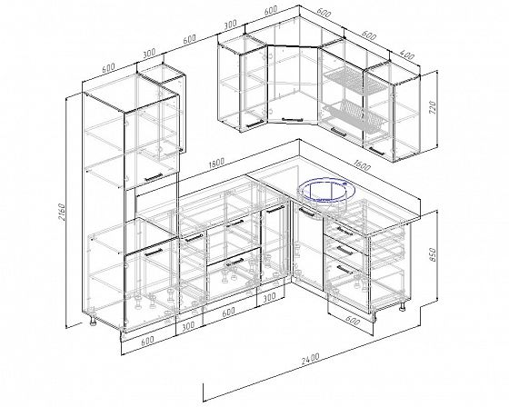 Угловой кухонный гарнитур "Антрацит" 2400х1600 - схема